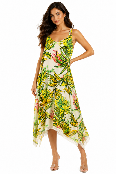 Wholesale Green Tropical Palm-Print Spaghetti-Strap Handkerchief-Hem Midi Dress