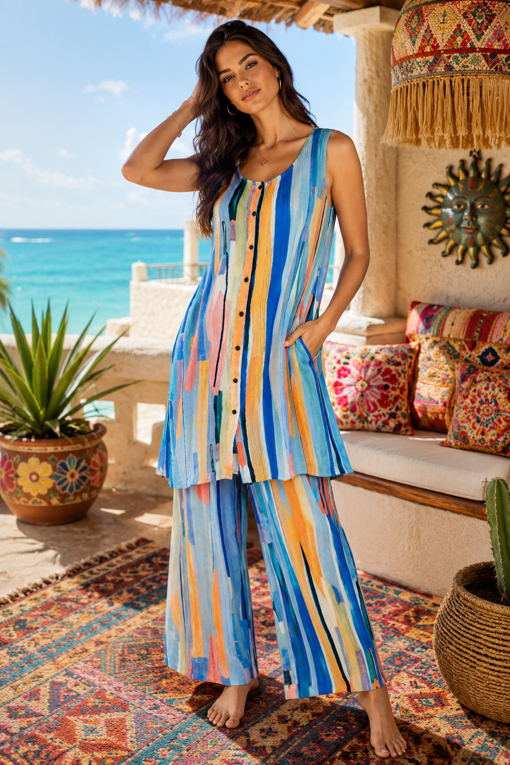 Watercolor Stripe Tunic & Palazzo Pant Set – Wholesale 6-Pc Pack
