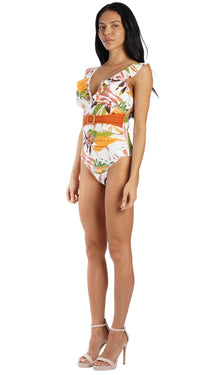 Wholesale Tropical Belted One Piece Swimsuit with Matching Cover Ups | Resort Swim Supplier  La Moda Clothing