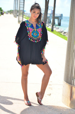 Black Kaftan Style Tunic with Multi Colored Tassels and Ties - Wholesale Wholesale La Moda Clothing
