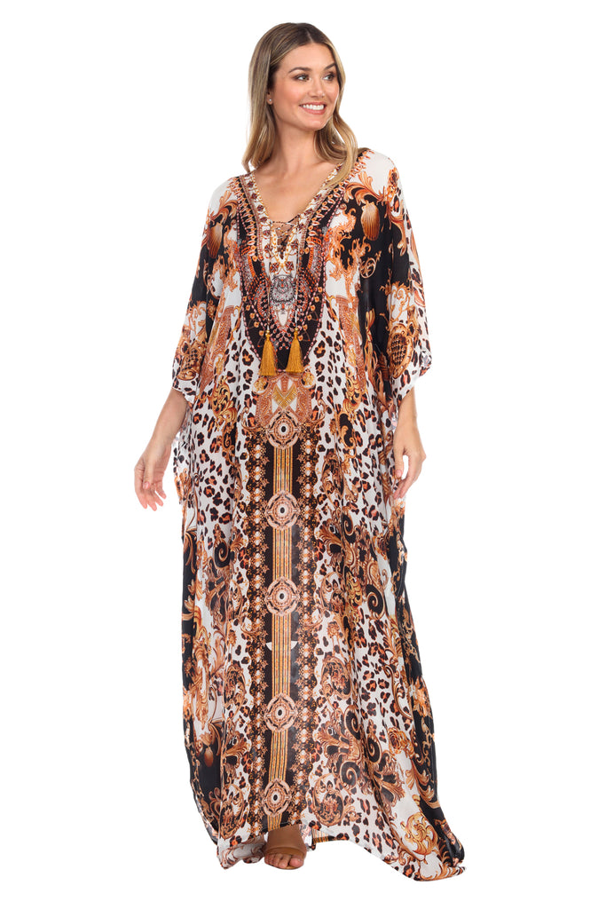 Royal Jungle Flowy Rhinestone V Neck Long Caftan Dress/Cover Up - La Moda Clothings