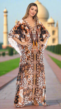 Royal Jungle Flowy Rhinestone V Neck Long Caftan Dress/Cover Up - La Moda Clothings
