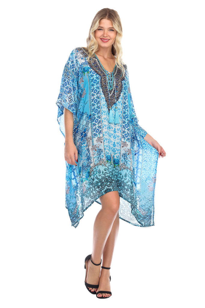 Beach Bliss Luxury Silk Caftan Dress/Cover Up with V-Neck Jewels - La Moda Clothings