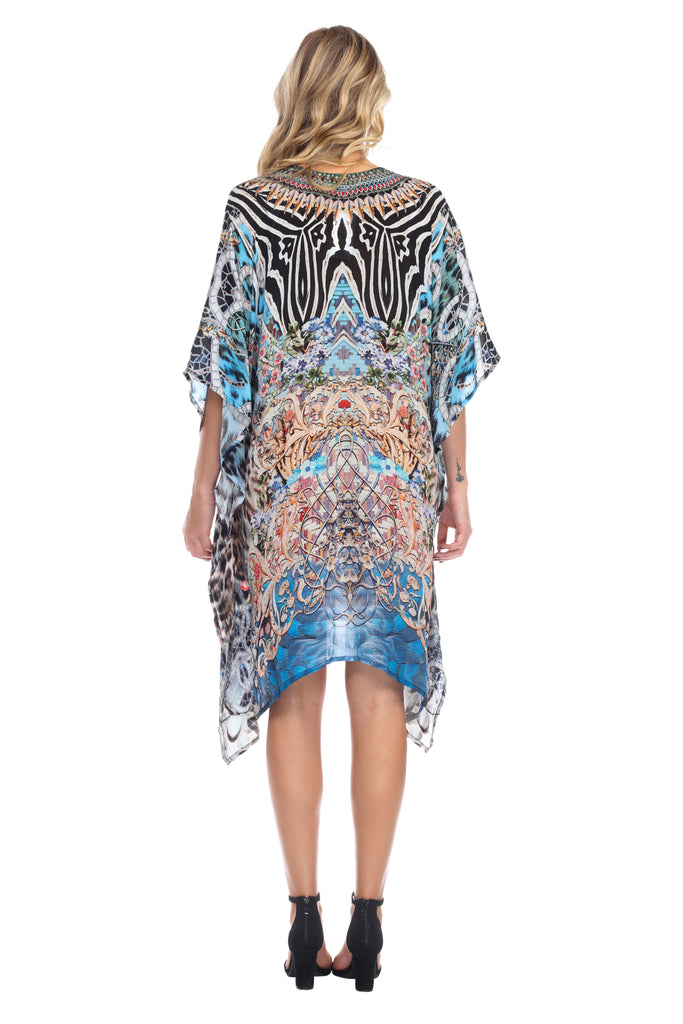 Luxury Silk Caftan Dress/Cover Up with V-Neck Cross Lace - La Moda Clothings