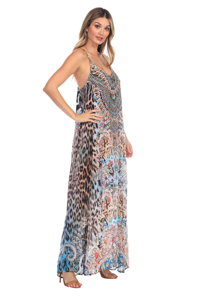 Blue Leopard Elegant Maxi Pocket Dress in Viscose Silk - La Moda Clothings