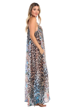 Blue Leopard Elegant Maxi Pocket Dress in Viscose Silk - La Moda Clothings