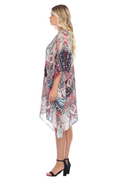 Ligthweight Rhinestone V Neck Printed Short Caftan in Viscose Silk - La Moda Clothings