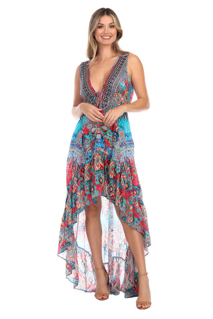 Ikat Blossom Bright & Bold Pattern Trendy Designer Hi-Lo Dress - La Moda Clothings