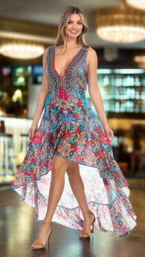 Ikat Blossom Bright & Bold Pattern Trendy Designer Hi-Lo Dress - La Moda Clothings