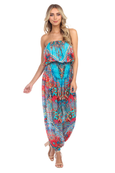 Ikat Blossom Hippie Bohemian Jumpsuits with Front Pockets - La Moda Clothings