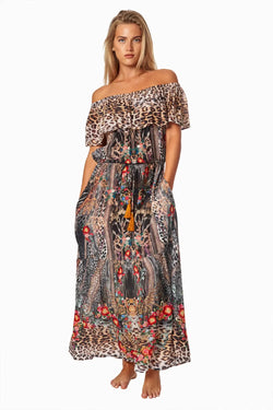 Eclectic Jungle Long Off the Shoulder Dress - La Moda Clothing