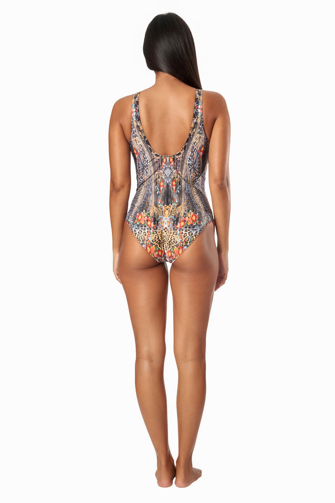 Eclectic Jungle Printed Embellished One Piece Swimsuit - La Moda Clothing
