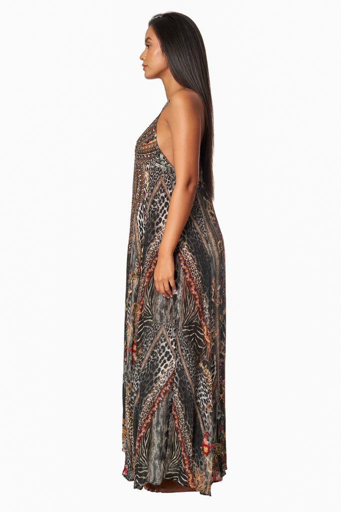 Eclectic Jungle T-back Maxi Dress with Front Pockets - La Moda Clothing