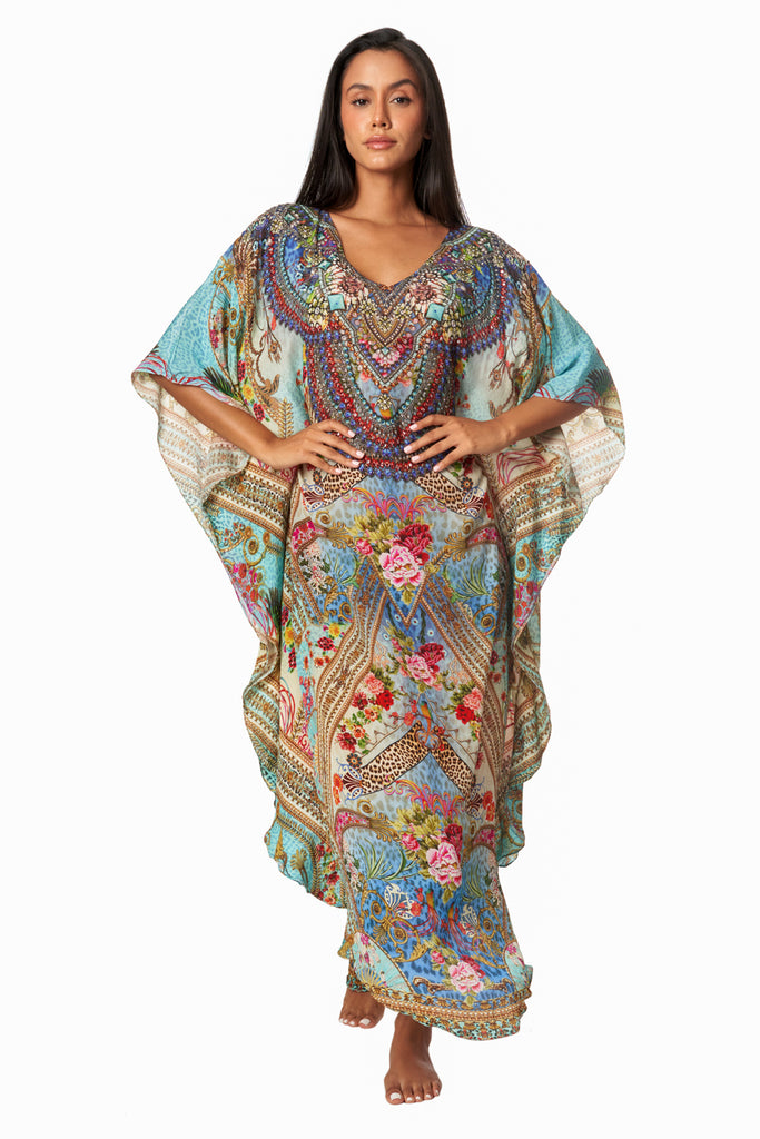 Queens Garden Lightweight Caftan Dress/Cover Up with V-Neck Jewels - La Moda Clothing