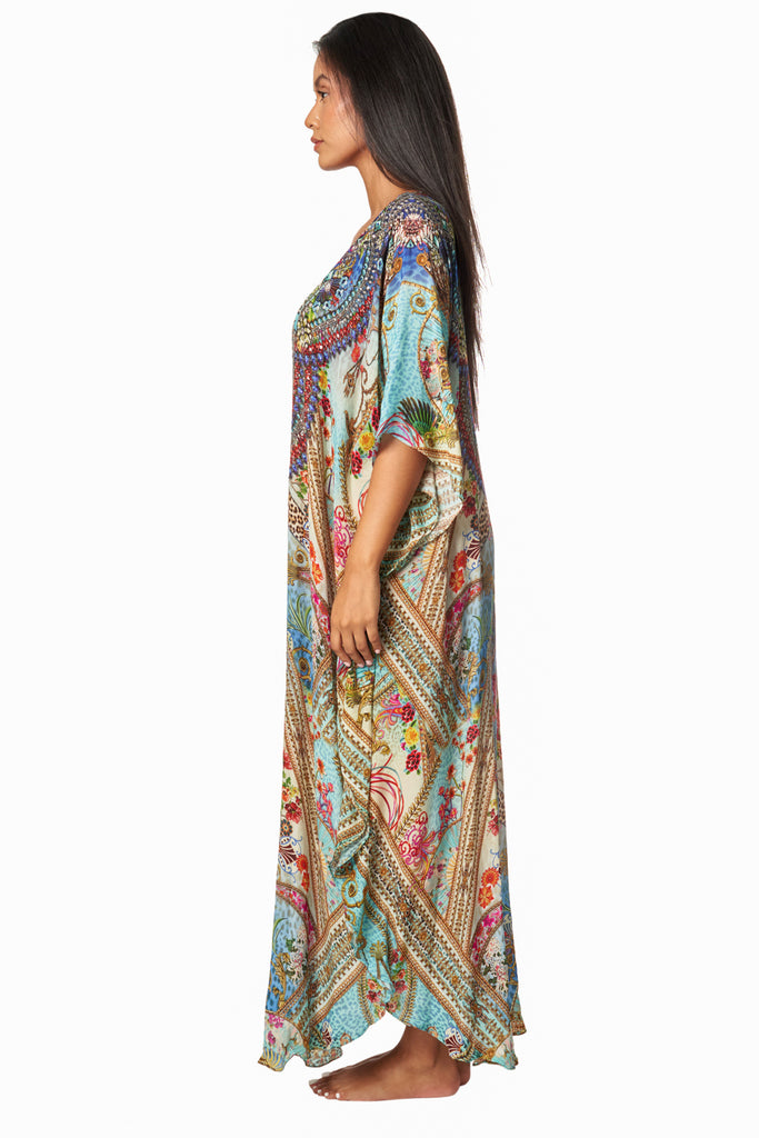 Queens Garden Lightweight Caftan Dress/Cover Up with V-Neck Jewels - La Moda Clothing