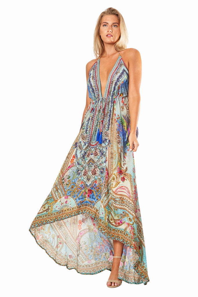 Queens Garden High-Low Halter Handkerchief Long Dress for Beach Party - La Moda Clothing