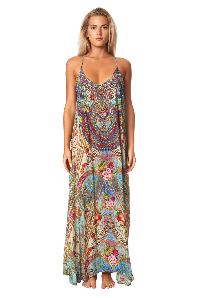 Queens Garden Bohemian T-back Maxi Dress with Front Pockets - La Moda Clothing