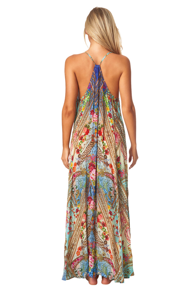 Queens Garden Bohemian T-back Maxi Dress with Front Pockets - La Moda Clothing