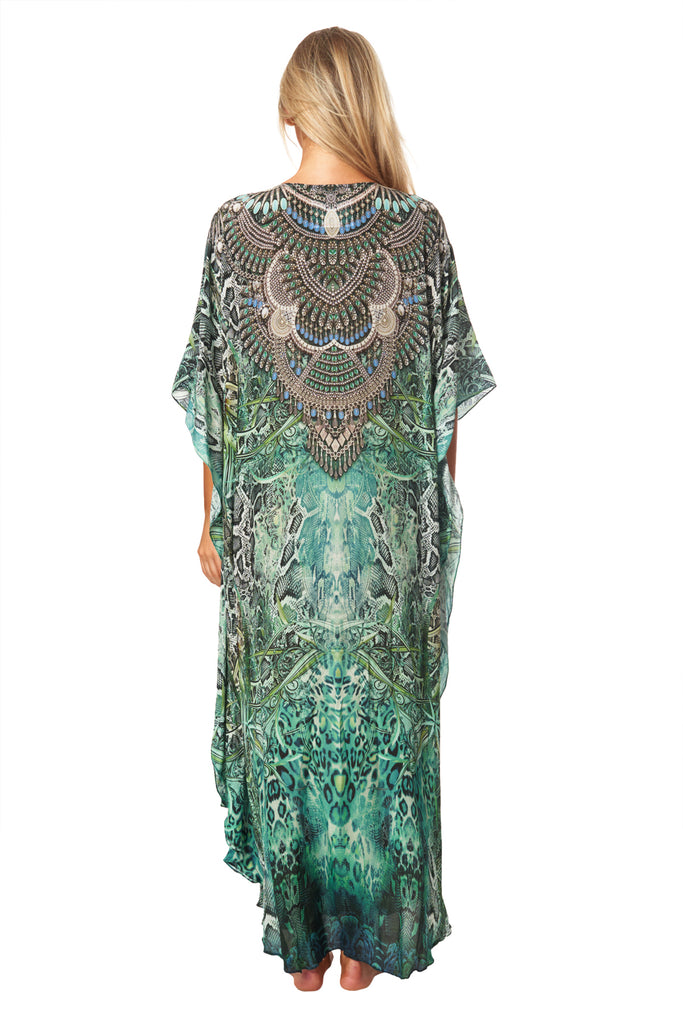 Snake Skin Lightweight Caftan Dress/Cover Up with V-Neck Jewels - La Moda Clothing