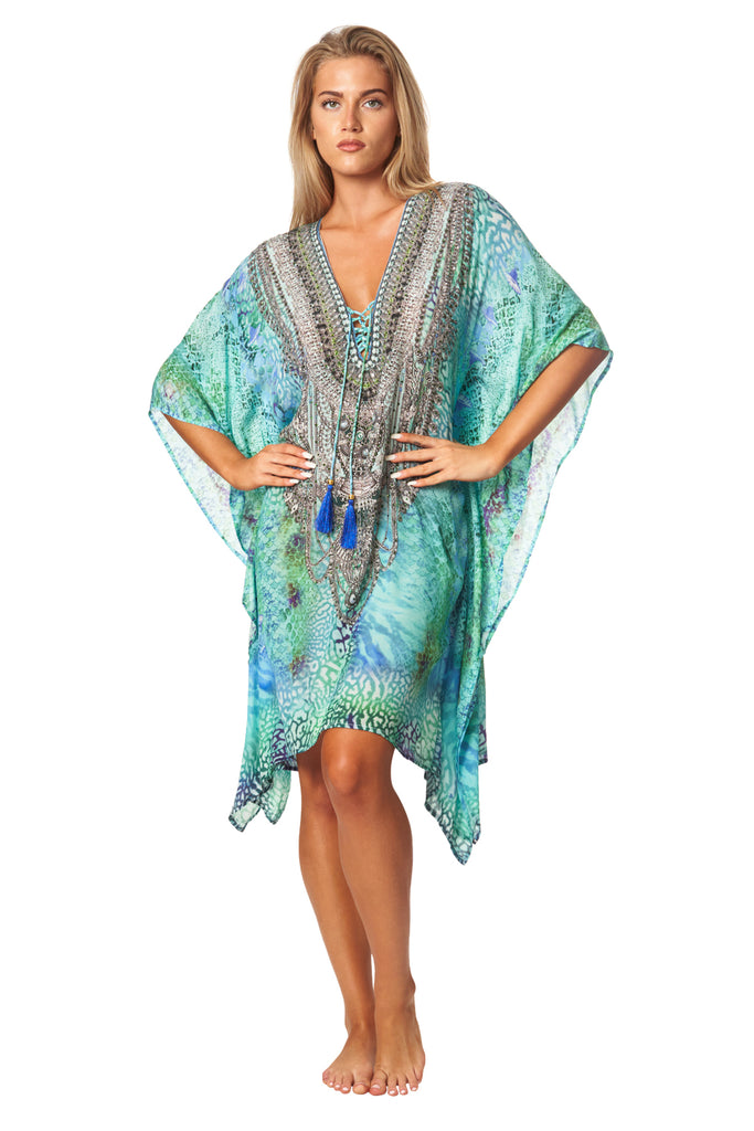 Sea Escape Luxury Silk Caftan Dress/Cover Up with V-Neck Cross Lace - La Moda Clothing