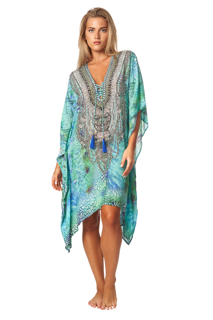 Sea Escape Luxury Silk Caftan Dress/Cover Up with V-Neck Cross Lace - La Moda Clothing