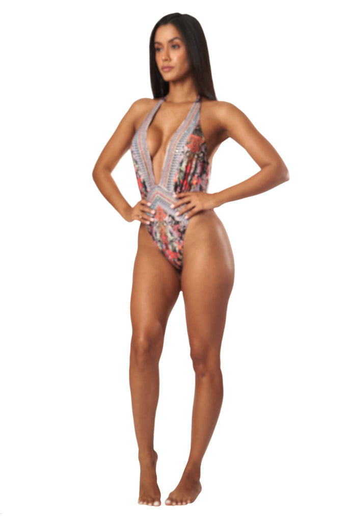 Plunging V-Neck One-Piece Swimsuit - La Moda Clothing