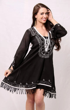 Cross Ties With Embroidery And Tassels / Tunic Style Dress - Wholesale Wholesale La Moda Clothing