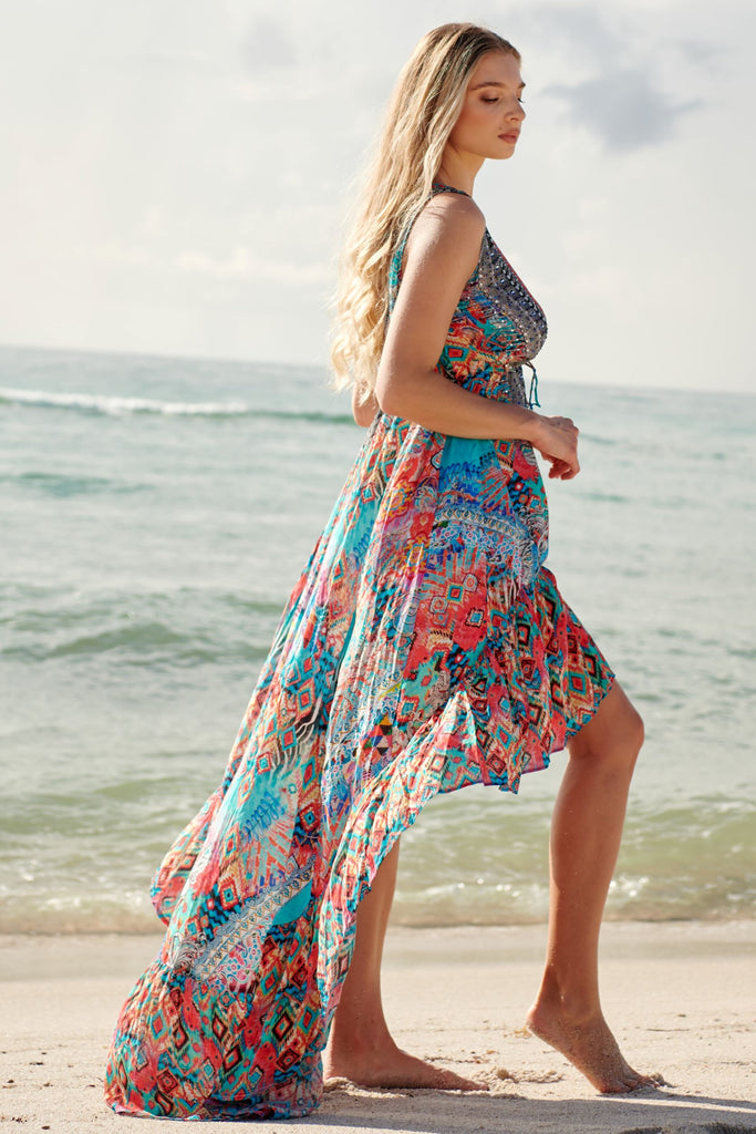 Ikat Blossom Bright & Bold Pattern Trendy Designer Hi-Lo Dress - La Moda Clothings