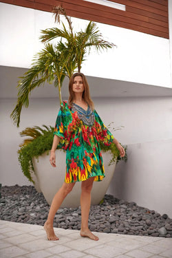 Macaw Short Robe Dress Cover up in Silk - La Moda Clothings