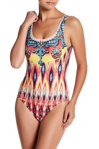Women's One Piece Swimsuit Scoop Neck with Straps Ikat-Print Swimwear Bathing Suits - La Moda Clothings