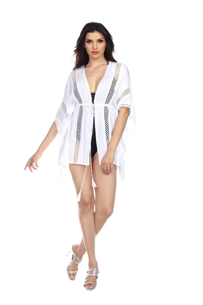See-Through White Front Tie Beach Kaftan Style Cover-Up In Rayon
