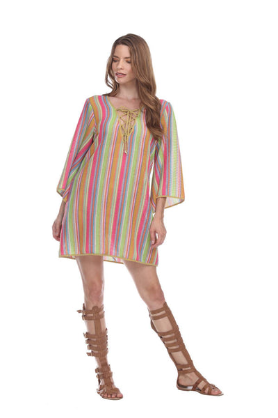 Multi-Color Stripe Pattern Short Polyester Tunic - La Moda Clothings