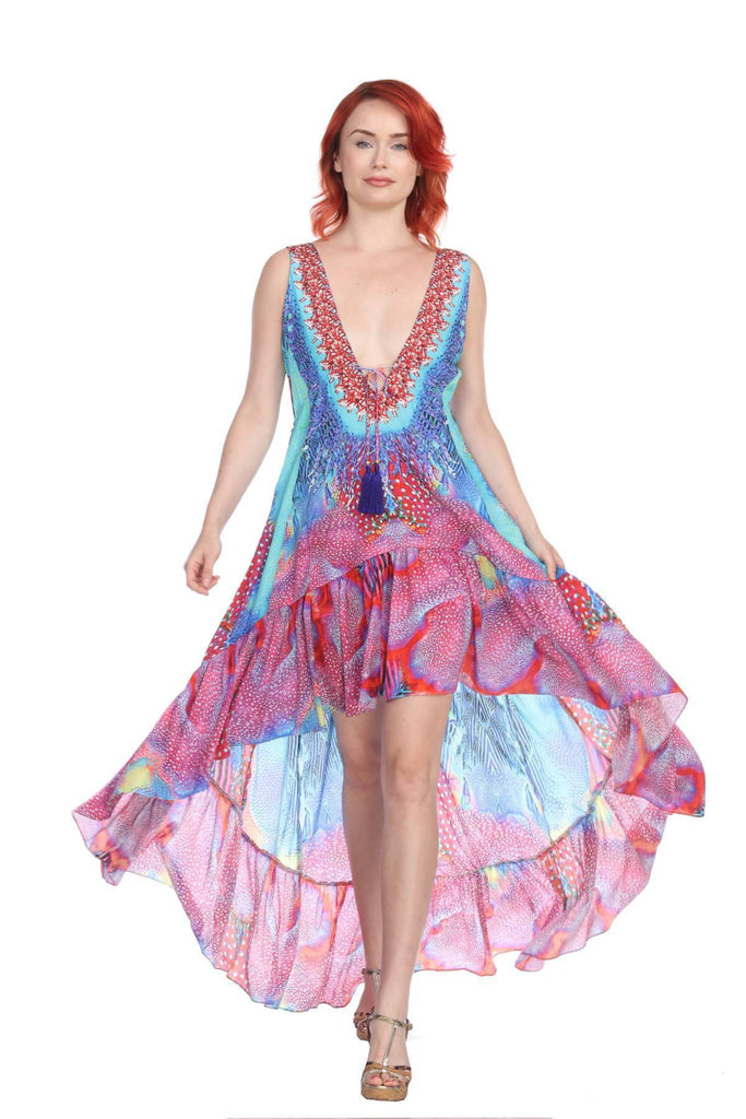 Designer High Low Polyester Multi-Color Dress - La Moda Clothings