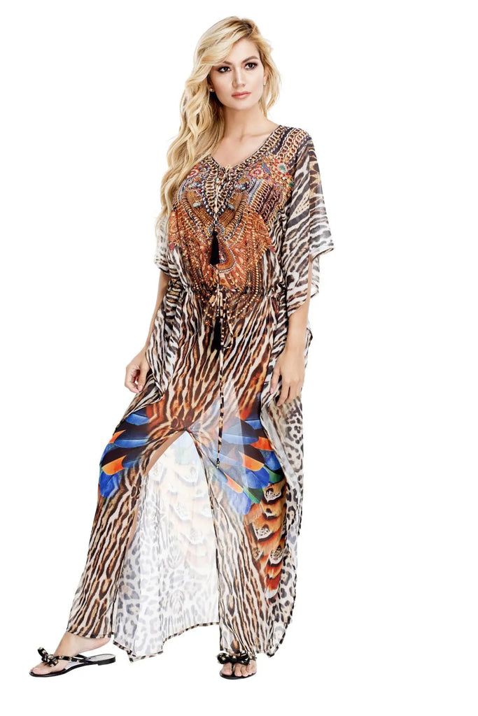 Club Moda :Women's Long Caftan Dress with front Slit | Luxuriously
