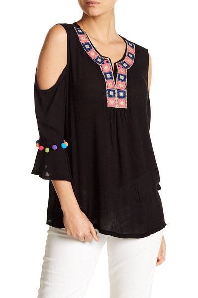 Black Embroidered Cold Shoulder Top with Colorful Pompoms - La Moda Clothings