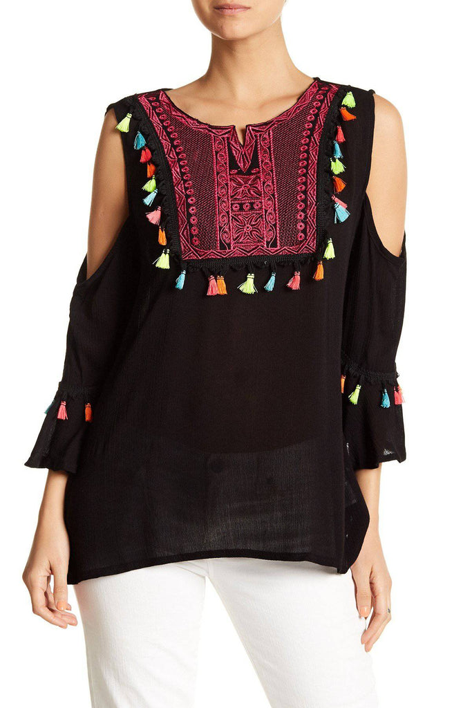 Black Embroidered Cold ShoulderTop with Colorful Tassels - La Moda Clothings