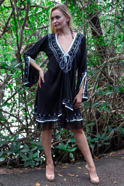Cross Ties With Embroidery And Tassels / Tunic Style Dress - La Moda Clothings