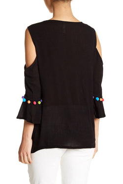 Black Embroidered Cold Shoulder Top with Colorful Pompoms - Wholesale Wholesale La Moda Clothings