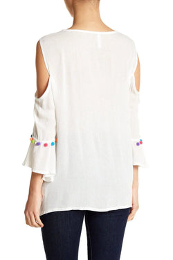 Black Embroidered Cold Shoulder Top with Colorful Pompoms - Wholesale Wholesale La Moda Clothings