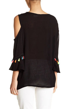 Black Embroidered Cold ShoulderTop with Colorful Tassels - Wholesale Wholesale La Moda Clothings