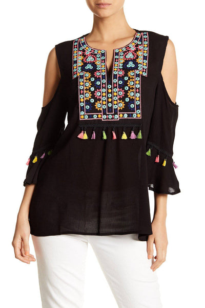 Embroidered Cold ShoulderTop with Colorful Tassels - La Moda Clothings