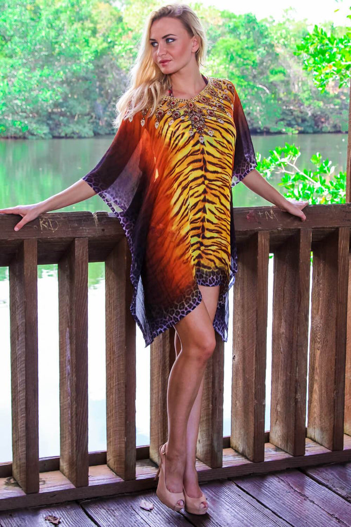 Embellished Animal Print Kaftan | Beach Cover-Up - La Moda Clothings