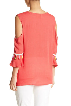 Embroidered Cold ShoulderTop with Colorful Tassels - Wholesale Wholesale La Moda Clothings