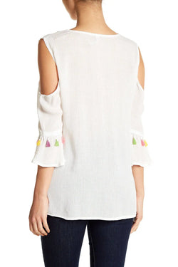 Embroidered Cold ShoulderTop with Colorful Tassels - Wholesale Wholesale La Moda Clothings