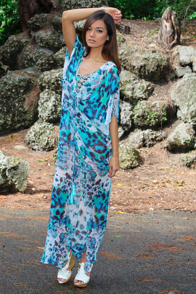 Printed Sheer Long Kaftan-Style Robe And Beachwear Cover Up - La Moda Clothings