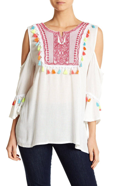 Black Embroidered Cold ShoulderTop with Colorful Tassels - La Moda Clothings